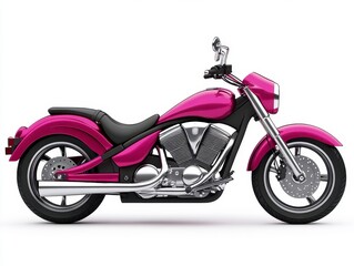 Fototapeta premium Pink cruiser motorcycle on white background, studio shot. Side view showcasing chrome details and sleek design. Perfect for transportation, power