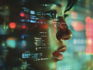 Contemplative woman with holographic data display overlaid her face