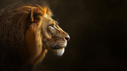 Majestic lion profile captured in dramatic lighting against a dark background