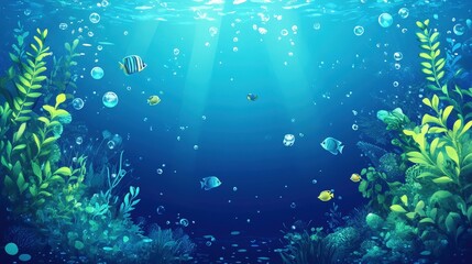 Fototapeta premium A mesmerizing underwater realm bathed in shimmering deep blue-green hues. The water's surface teems with an array of glistening bubbles of varying sizes and shapes, adding to its vibrant allure
