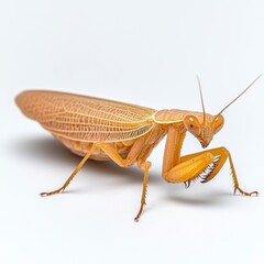 Pale brown praying mantis on a white background. Detailed view of insect's body and legs. Close up studio shot