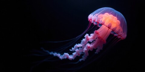 Fototapeta premium An ethereal jellyfish, glowing with an incandescent pink hue, gracefully drifts in the inky blackness of the deep ocean, its delicate tentacles trailing behind like shimmering ribbons.
