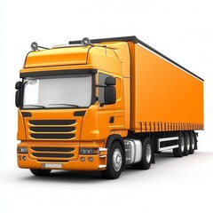 Orange semi truck with a canvas trailer on a white background. Studio shot of a large vehicle used for transportation