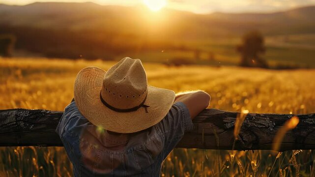 A person wearing a cowboy hat is sitting on a fence in a field. The sun is setting in the background, casting a warm glow over the scene. The person appears to be enjoying the peaceful moment