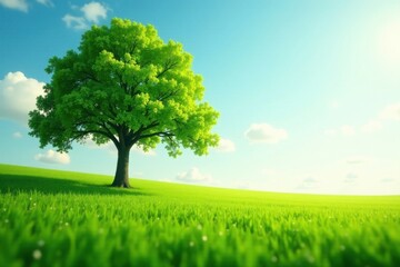 Fototapeta premium Serene Landscape Featuring a Single, Lush Green Tree on a Gently Rolling Meadow Under a Bright, Sunny Sky