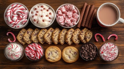 Fototapeta premium modern flat-lay of Christmas cookies, candy canes, and a cup of hot cocoa, arranged on a wooden table, Generative AI