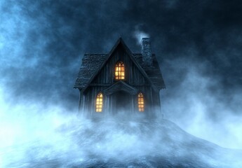 Fototapeta premium Mysterious dark wooden house on a foggy hill at night, illuminated by warm interior lights. Eerie and atmospheric scene