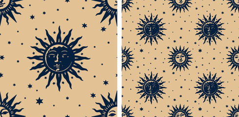 Celestial Sun Astrology Occult Boho Blue and Golden Yellow Seamless Pattern Vector Illustration