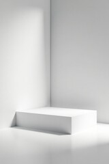 Obraz premium A minimalist white platform situated in a corner, bathed in soft light, offering a pristine backdrop for product display or conceptual art.