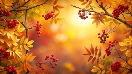Autumnal Branches with Clusters of Red Berries and Golden Leaves, Creating a Vibrant Fall Scene