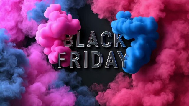 "BLACK FRIDAY" writing on a black backdrop with smoke clouds, a colorful and striking advertising design