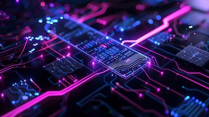 A futuristic digital cyber technology interface with augmented reality displays, floating holographic data panels in neon blue and purple, interconnected nodes and circuits