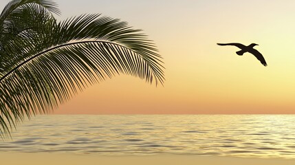 Silhouette of a Bird Flying Over a Tropical Beach at Sunset