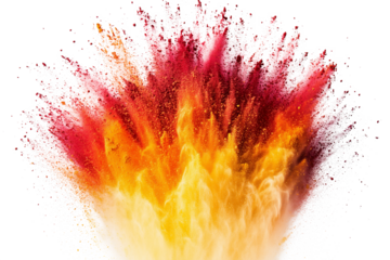 Bright Powder Explosion of Vibrant Colors in Red and Orange Against Transparent Background