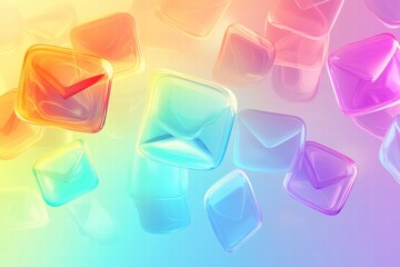 Colorful abstract composition of translucent envelopes floating in a vibrant gradient background during a digital communication theme. Generative AI