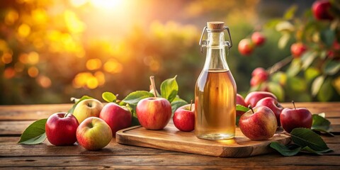 A bottle of fresh apple cider rests on a wooden surface amongst ripe, red apples and lush green leaves, bathed in the warm glow of a golden sunset.