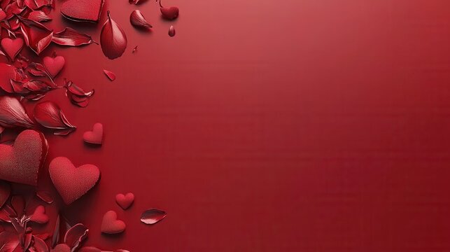 Red Textured Hearts And Petals On Dark Red Backgrounds With Copy Space For Design Ideas. Design