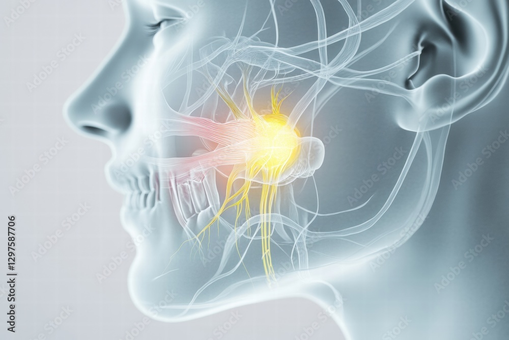 Poster understanding nerve structure in the human jaw with highlighted connections and functions. generativ