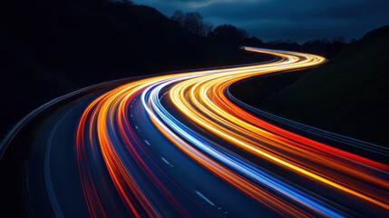 A long-exposure photograph of light trails from cars on the road at night