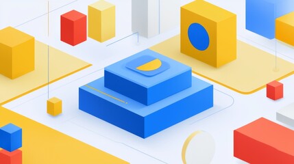 Obraz premium Colorful geometric shapes and abstract forms in a modern digital composition with layers of blue, red, yellow, and white backgrounds