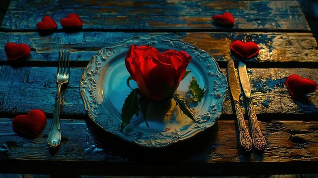 Romantic Dinner Setting Red Rose and Hearts on Dark Wooden Tablea