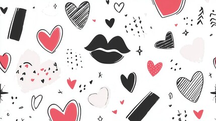 Romantic Heart Pattern with Lips and Abstract Shapes Design for Valentine's Day and Romance Themes