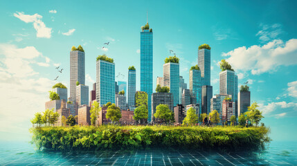 Naklejka premium futuristic cityscape with skyscrapers featuring rooftop gardens and solar panels, floating on lush green island under clear blue sky, symbolizes sustainable urban living