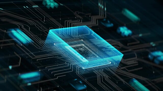 Technology Background Animation CPU Futuristic Circuit. 3D Visualization AI Processor Power. Colorful Blue and Green Digitalization Process. Data Transmission in Board Chip Virtual Computer Closeup 4K