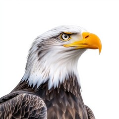 Naklejka premium Close up portrait of a majestic bald eagle, its head and shoulders visible against a stark white background. The eagle's intense gaze and detailed