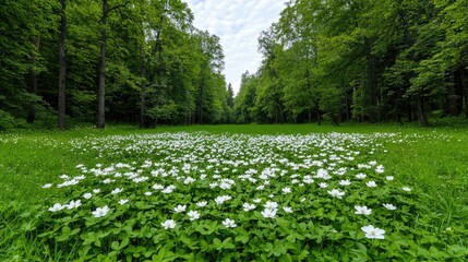Lush green forest floor blanketed with white flowers
