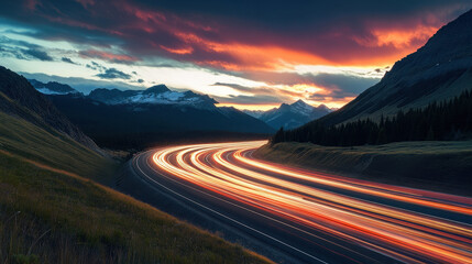A long exposure photograph of a highway in the mountains at sunset