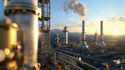 Industrial Oil Refinery with Technology and Equipment at Sunset, Showcasing Pipes and Smokestacks in a Modern Facility