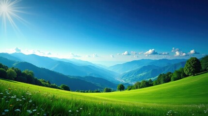 Obraz premium Serene Mountain Meadow Landscape with Lush Green Grass, Rolling Hills, and a Vibrant Blue Sky, Perfect for Relaxation and Tranquility
