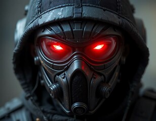 Fototapeta premium Futuristic Warrior with Glowing Red Eyes and Black Tactical Gear