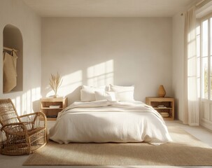 Beige bedroom with wicker chair, sunlight, and view