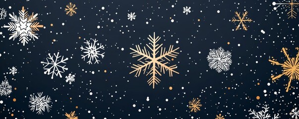 modern holiday greeting card design featuring minimalist line art of snowflakes in white and gold on a navy background, Generative AI