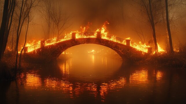 Burning bridge in foggy forest at night. Possible use stock photo for fantasy, horror, or disaster scenes