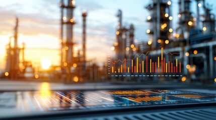 Innovative Industrial Technology for Oil Production with Data Visualization and Modern Refinery in Background