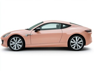 Side profile of a light pink modern sports coupe on a white background. The car is sleek and stylish with sharp lines and curves. The image is clean