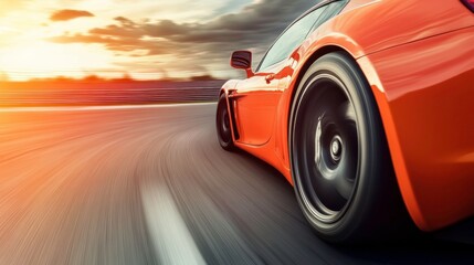 Car Racing on a Tight Curve at Sunset