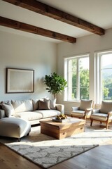 Serene Living Room with Exposed Wooden Beams, Plush Sectional Sofa, and Natural Light Streaming Through Large Windows