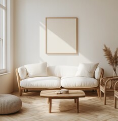 Modern, neutral living room showcasing a blank framed art piece