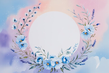 A wedding invitation with a pastel sky gradient, blending soft pink, lavender, and pale blue hues. 