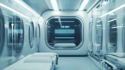 "Futuristic Living: A forward-thinking apartment or space station interior, featuring minimalist design, inviting atmosphere and elements of a unique dwelling.