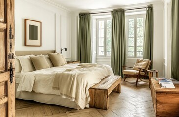 Parisian bedroom interior design, neutral color scheme, wooden furniture, green curtains