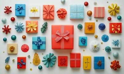flat-lay of colorful gift boxes and holiday decorations arranged symmetrically on a white background, Generative AI