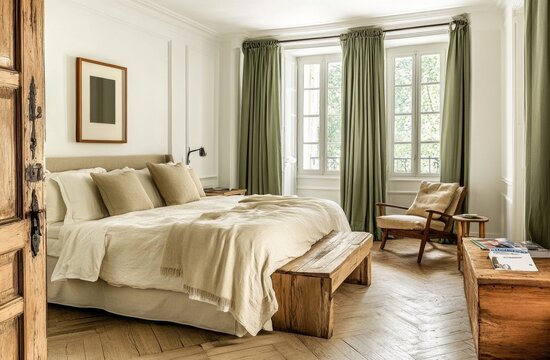 Parisian bedroom interior design, neutral color scheme, wooden furniture, green curtains