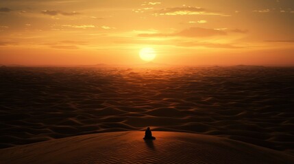 Fototapeta premium A serene sunset over vast sand dunes, with a solitary figure silhouetted against the warm, glowing horizon.