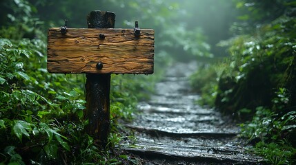 Fototapeta premium Blank Wooden Trail Signpost in Lush Rainy Forest Nature Path Hiking Journey