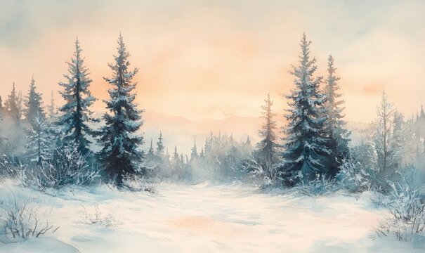 detailed watercolor painting of frosted pine trees in a snowy forest clearing, with soft pastel tones in the sky, Generative AI - Powered by Adobe